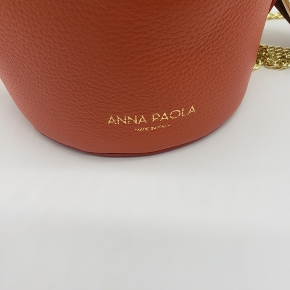 1492- Ana Paola Italian Genuine Leather Bucket Bag Orange NWT - Picture 2 of 9